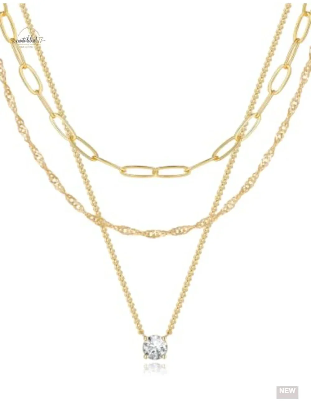 14K Gold Plated Layered Necklace Set, 3-Piece with CZ Pendant, Paperclip